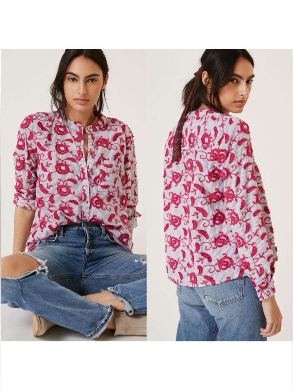 Anthropologie Pilcro The Whitney Trapeze Button Down Applique Long Sleeve Top XL